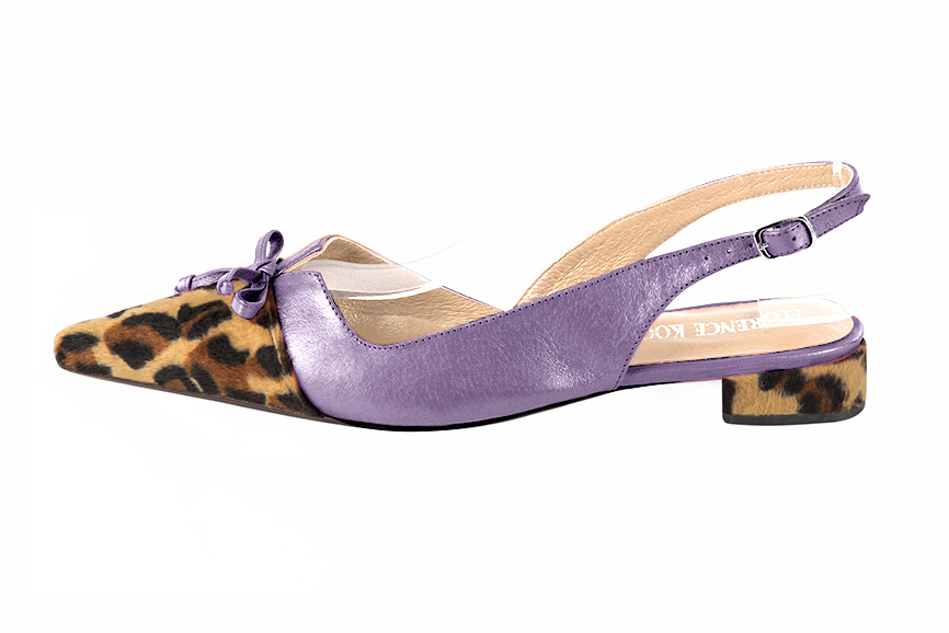 Safari black and lilac purple women's open back shoes, with a knot. Pointed toe. Flat flare heels. Profile view - Florence KOOIJMAN